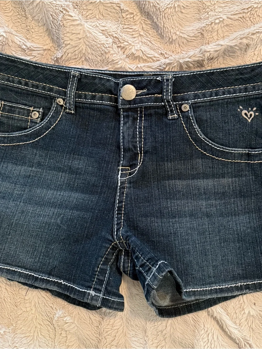 Justice Dark Blue Denim Girls' Shorts with Heart Stitch